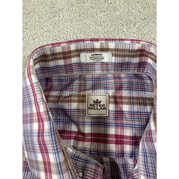 Peter Millar Men’s Long Sleeve Button Down Brown Pink Blue Plaid Shirt Medium - Picture 3 of 7